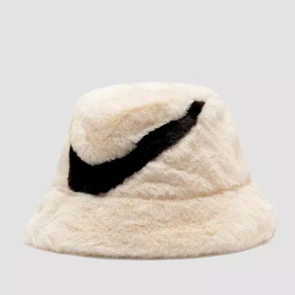 Nike Apex Faux Fur Swoosh Bucket Hat Guava Ice Black Beige Size S, Unisex